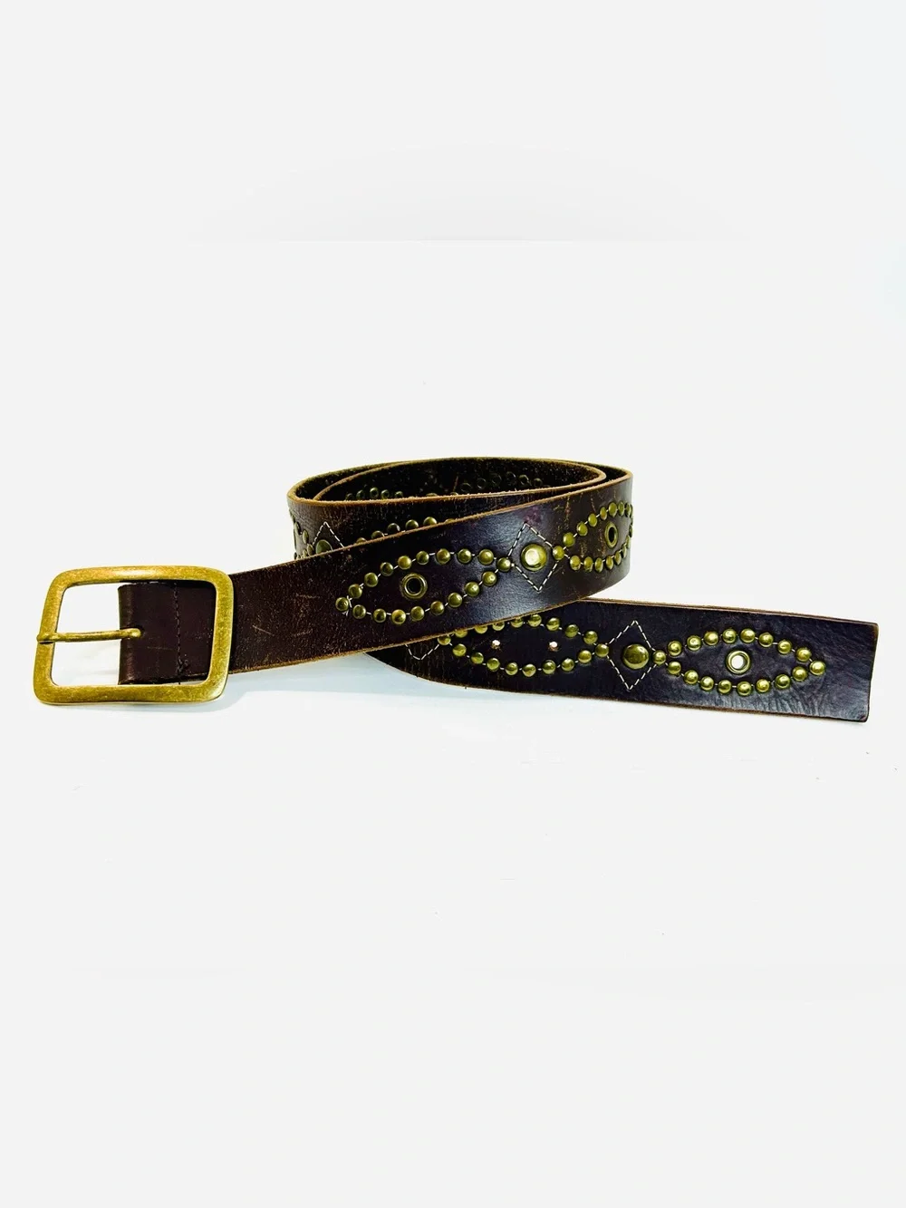 Western Brass Studded Belt, Brown Faux Leather with Studded Design